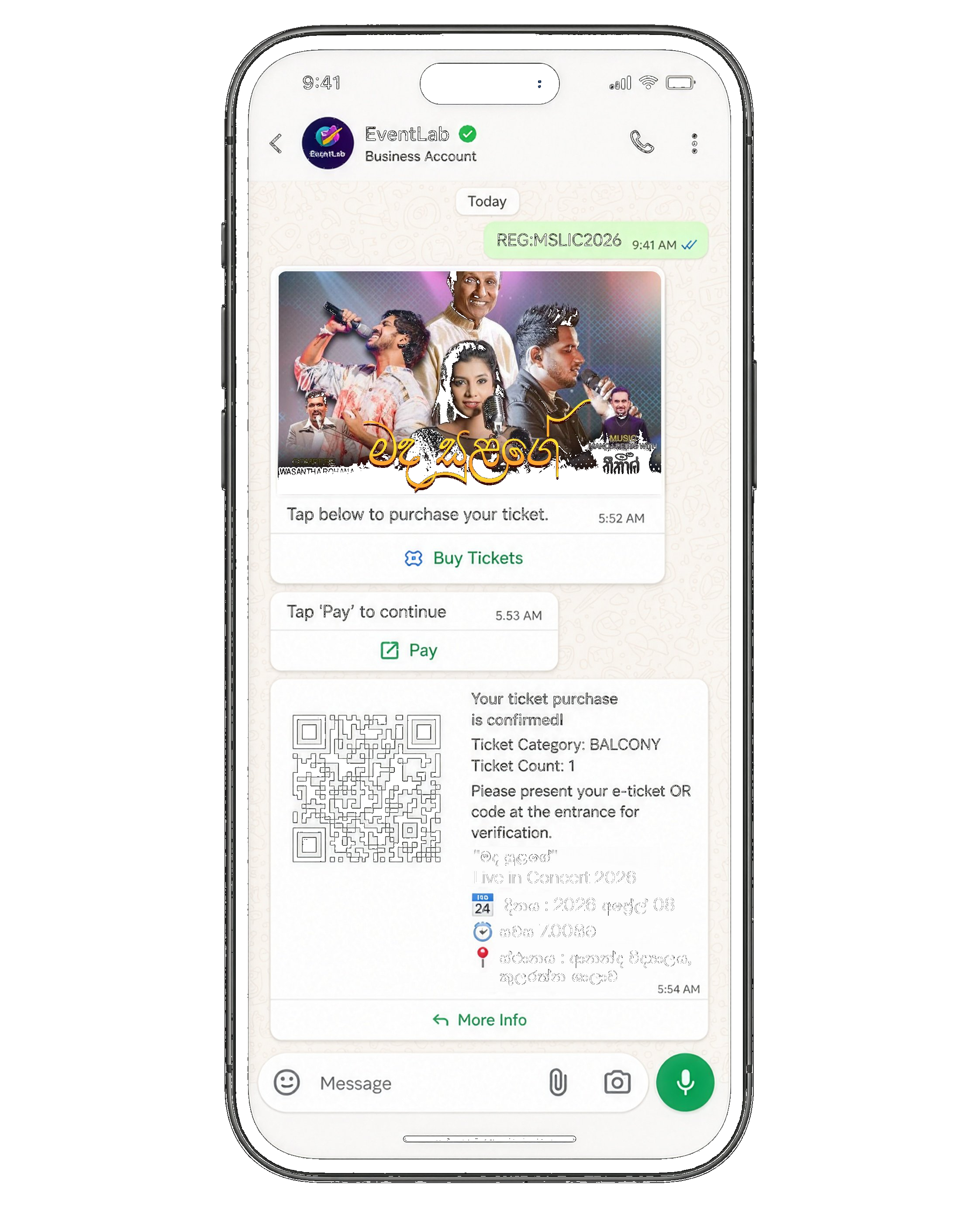 EventLab WhatsApp booking and QR ticket confirmation